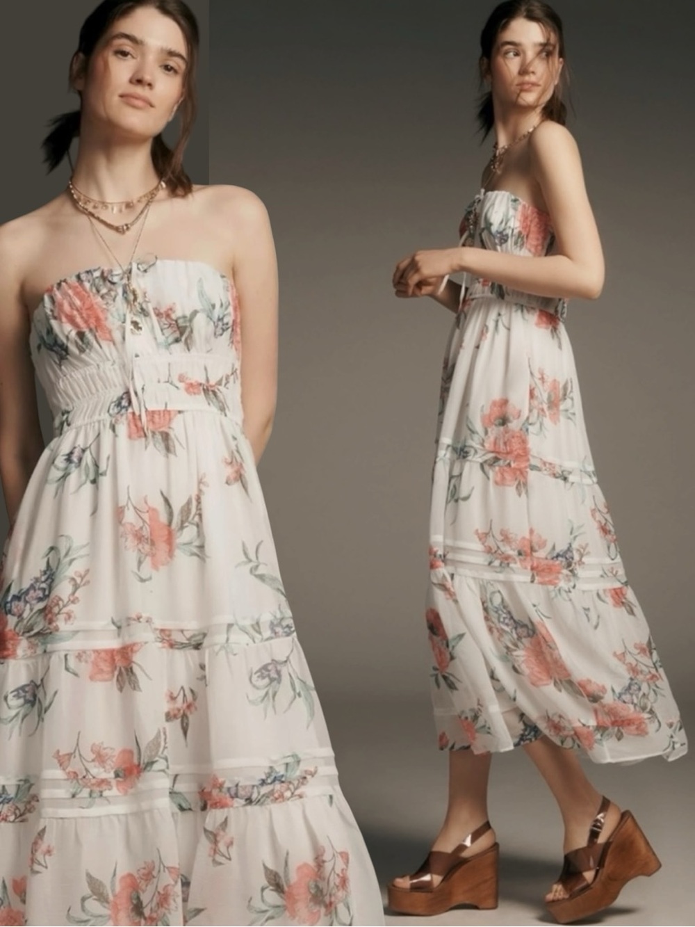 Anthropologie The Somerset Strapless Maxi Dress Ivory Floral Size Small NWT